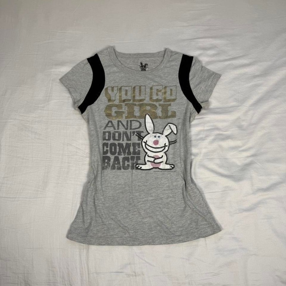 y2k Happy Bunny Jim Benton grey baby tee
